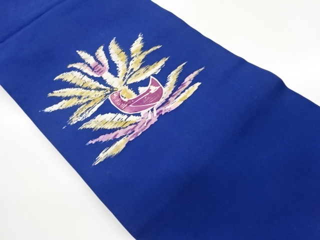 塩瀬金彩型染抽象樹木に鳥模様名古屋帯